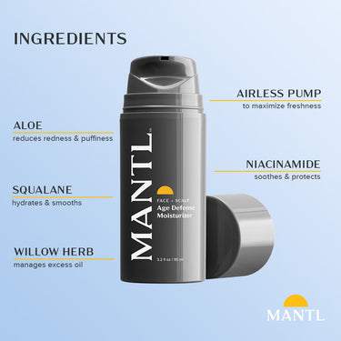 MANTL Age Defense Moisturizer Key Ingredients: Aloe, Squalane, Willow Herb, Niacinamide, and airless pump